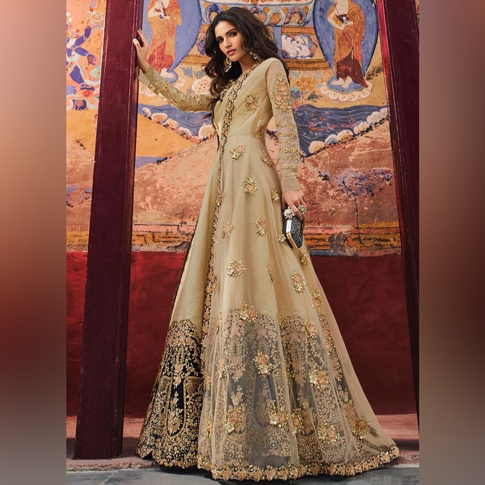 Beige Art Silk Abaya Anarkali Suit Party Wear